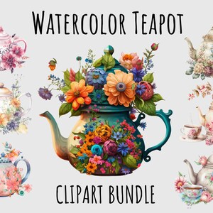 Watercolor Teapot clipart PNG bundle, Tea party, Picnic, Bakery, Vintage, Retro, Antique tea pot clipart Printable Instant digital download