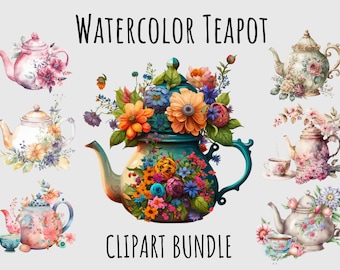 Watercolor Teapot clipart PNG bundle, Tea party, Picnic, Bakery, Vintage, Retro, Antique tea pot clipart Printable Instant digital download