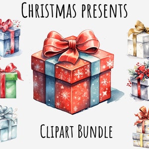Watercolor Christmas Present clipart, Holiday, Winter, Christmas Gifts, Card making Transparent png, Sublimation, Invitation, Printable