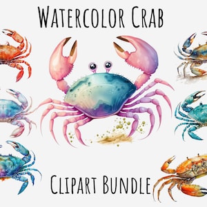 Watercolor Crab Clipart, Sea animals png, crab png, beach, marine, underwater animal Printable Instant digital download Scrapbook png bundle