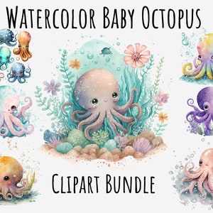 Aquarell niedliche Baby Octopus Clipart, niedliche Meerestiere png, Unterwasser Meerestiere, Meer Leben Clipart Bundle printable digitaler Download