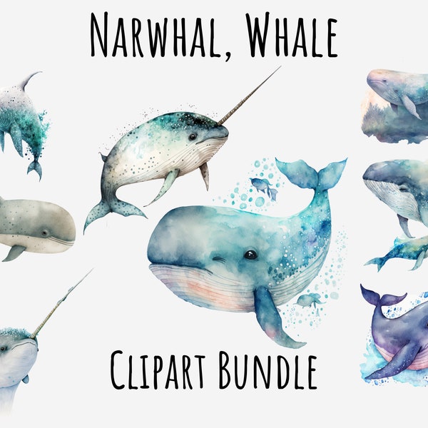 Watercolor Narwhal clipart, Whale Clipart, Ocean Fish png bundle, whale sublimation graphics, Printable whale png, Instant Digital Download