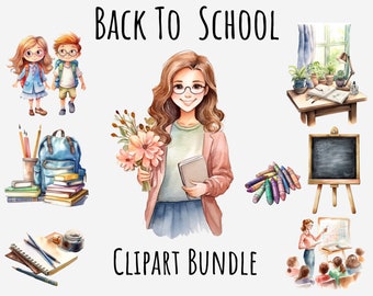 Watercolor Back to School clipart, Teacher, Students, Chalkboard, Book pile, Backpack, Friends, Studying, Brush, Transparent printable png