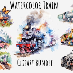 Clipart de trem em aquarela, locomotivas, trem a vapor, png transparente, download digital, confecção de cartões, sublimação, convites, álbum de recortes