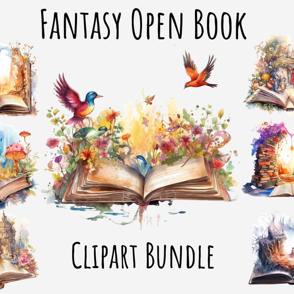 Aquarel Fantasy Open Book Clipart bundel, Boeken png, Fairy clipart png boek minnaar boekenwurm clip art mystieke afdrukbare digitale download