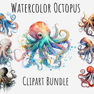 Watercolor Octopus Clipart, Marine animals, Sea animal png bundle, underwater, sea life Printable Digital Download, Sublimation png graphics