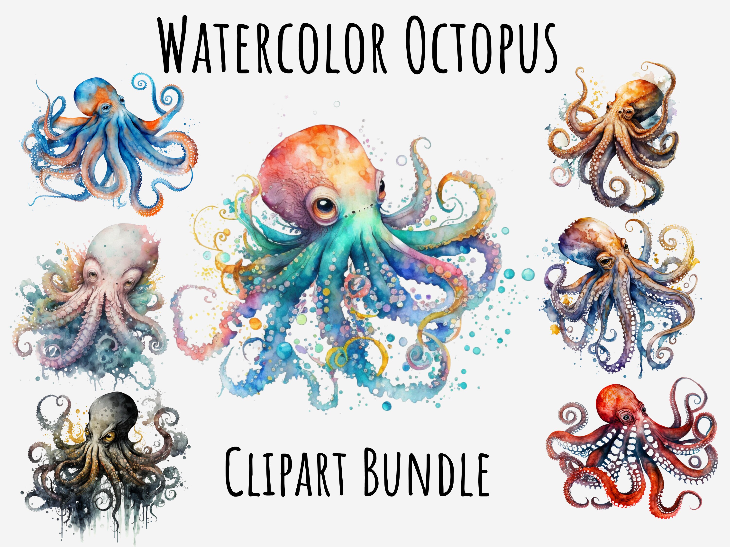 Watercolor Octopus Clipart, Marine animals, Sea animal png bundle, underwater, sea life Printable Digital Download, Sublimation png graphics