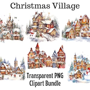Watercolor Christmas Village Clipart Bundle, Winter Holiday Buildings, Card making, Christmas Cards PNG, Commercial use,
