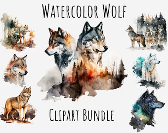 Aquarelle Wolf Clipart, Wolf Pack png, Graphiques de visage de loup, Animaux de la forêt, Portrait animal, Wolf pack Imprimable Téléchargement numérique instantané