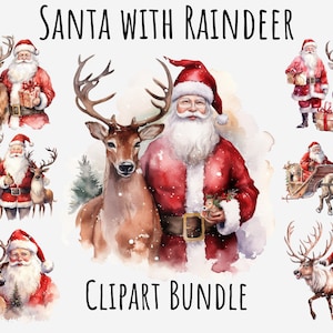Watercolor Santa Reindeer Clipart, Christmas sleigh, Santa Claus, Retro holiday, Card making, Invitation png, Transparent png, Sublimation