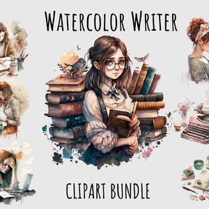 Watercolor Writer Clipart PNG, Open book, Typewriter, Books clipart, Envelope clipart, Library, Artist, Bookworm Printable digital download