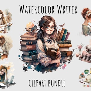 Aquarel schrijver clipart PNG, open boek, typemachine, boeken clipart, envelop clipart, bibliotheek, kunstenaar, boekenwurm afdrukbare digitale download