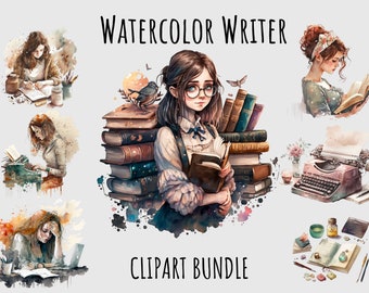 Aquarell Writer Clipart PNG, offenes Buch, Schreibmaschine, Bücher Clipart, Umschlag Clipart, Bibliothek, Künstler, Bücherwurm druckbare digitaler download