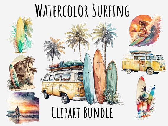 Watercolor Surfing clipart, Surfboard clipart, Hawaii, beach life, Summer clipart Printable  Instant digital download, Free Commercial use