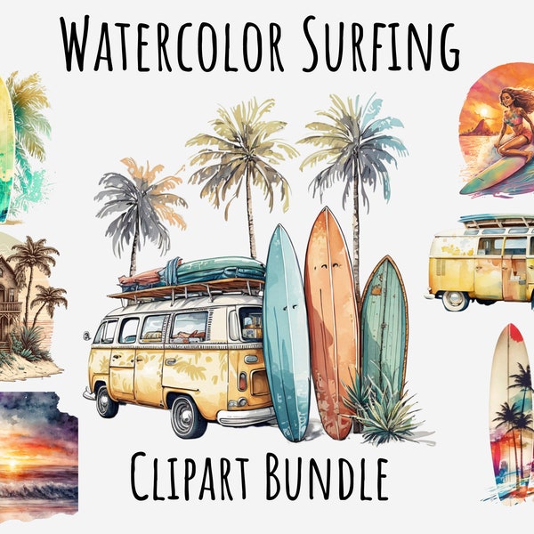 Aquarelle Surf clipart, Surfboard clipart, Hawaï, vie à la plage, Summer clipart Imprimable Téléchargement numérique instantané, Utilisation commerciale gratuite