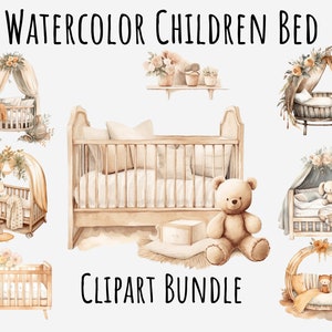Aquarel Kid Bed Clipart, Kinderbed, Kwekerij Meubilair Clipart, Pasgeboren bed png, Bed, Kwekerij illustraties Instant Digitale Download