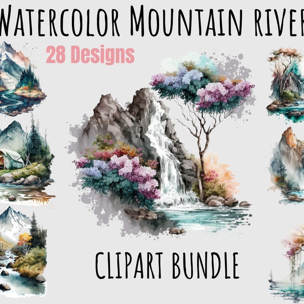 Watercolor Mountain River Clipart PNG , Instant Digital Download, Nature hiking Forest water clipart Camping hike Printable png download