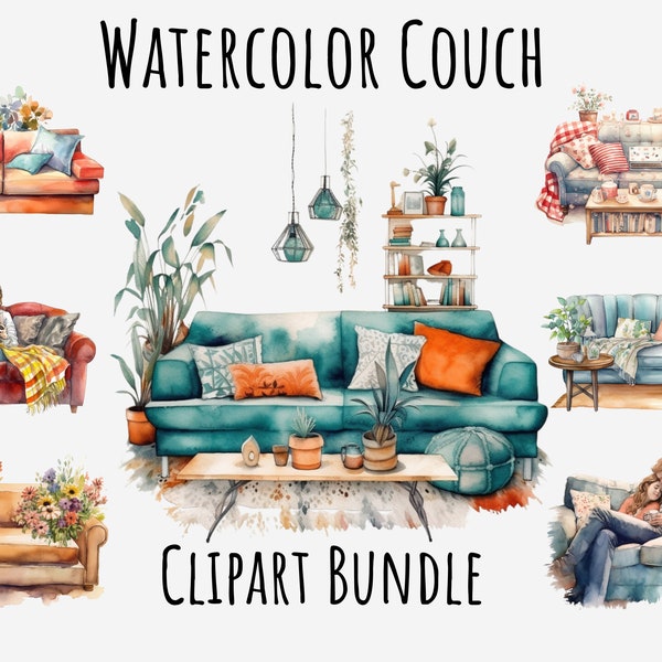 Watercolor Couch Clipart, Bed Png images, Reading, Living room, Lounge, Sleeping, scrapbook graphics, Furniture PNG Instant Digital Download