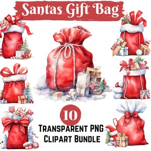 Santas Gift Bag Clipart bundle, Watercolor Christmas Printable Graphics, Santa Claus present bag, Card making, Sublimation, Digital Download