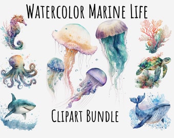 Watercolor Marine life clipart, Octopus, Coral, Sea Shell, Ocean Starfish, Sea Horse, Shark, Turtle, Jellyfish png images Printable Download