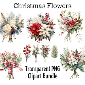 Flores de Natal em aquarela clipart, Buquê, Advento, Guirlanda de Natal Png, Criação de cartões, Convite, Design de sublimação, Download digital