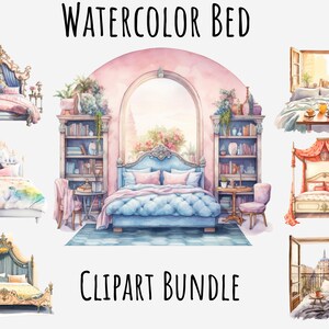 Watercolor Bed Clipart in Png, Bed with Breakfast, Victorian Bed, Bedroom, Hospital Bed, Sleep, Sleeping, Couch Instant Digital Download