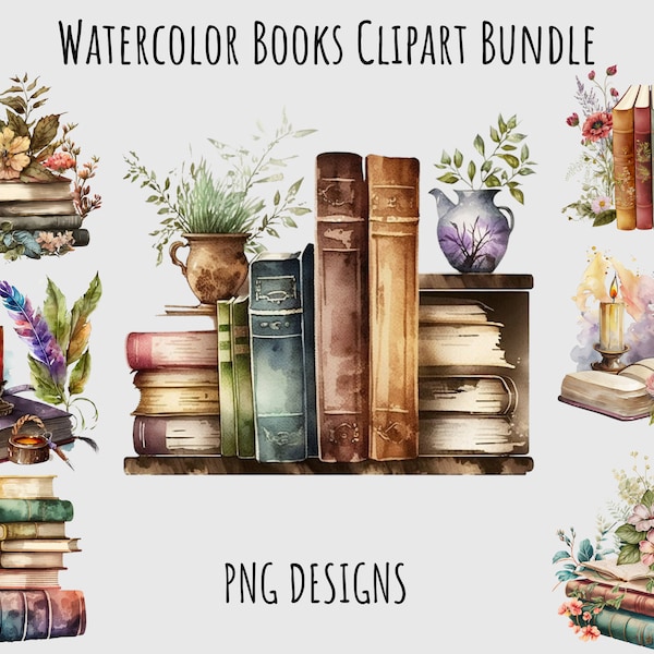 Watercolor Book Clipart bundle, Books lover floral clipart junk journal png bookworm clip art bookshelf png Printable open book download