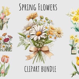 Aquarel lente bloem PNG clipart, Tulip clipart, Daisy uitnodiging clipart, kaart maken, afdrukbare Instant digitale download plakboeken