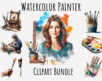 Watercolor Artist clipart, Painter Paintbrush clipart, Artist, Profession clipart, Open book, Paint, Logo, Graphics, Images Digital Download