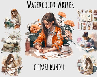 Watercolor Writer Clipart Png bundle, Artist Typewriter book clipart, Reading printable digital download, Junk journaling, sublimation