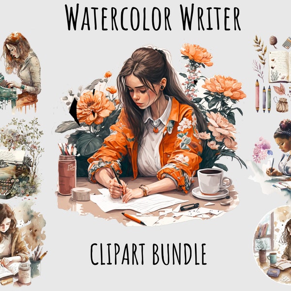 Watercolor Writer Clipart Png bundle, Artist Typewriter book clipart, Reading printable digital download, Junk journaling, sublimation
