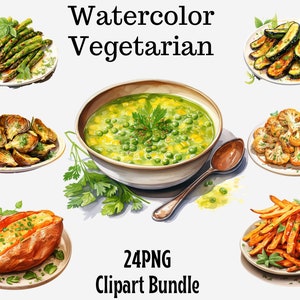 Aquarelle végétarienne nourriture clipart, clipart végétal, soupe, asperges, jardin clipart, maïs, courgettes, chou-fleur, imprimable, albums