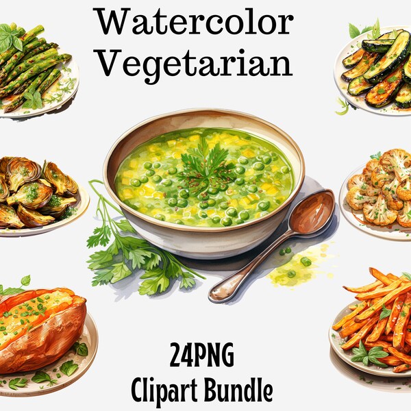 Watercolor Vegetarian Food clipart, Vegetable clipart, Soup, Asparagus, Garden clipart, Corn, Zucchini, Cauliflower, Printable, Scrapbooks