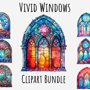 Watercolor Vivid Stained Glass Window Clipart PNG, Retro Arch, Arched window png, Church, Vintage, Floral, Art, Instant Digital Download