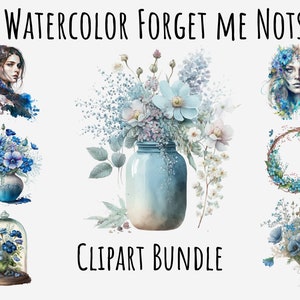 Aquarelle Forget Me Not fleur Clipart, Couronne png, Portrait floral, fleurs dans un vase, bouquet de fleurs clipart PNG téléchargement imprimable