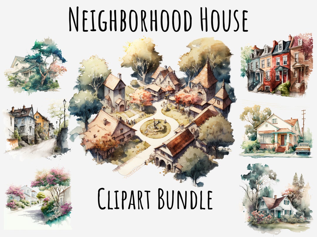 Watercolor Neighborhood Clipart, Childhood House Png Bundle, Building