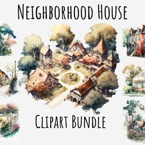 Watercolor Neighborhood clipart, Childhood house png bundle, Building, Home town Printable Instant Digital Download, Sublimation, Journaling