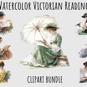 Watercolor Reader Bookish Clipart PNG, Open Book, Victorian lady, Bookworm clipart, Vintage Books reading printable digital download bundle