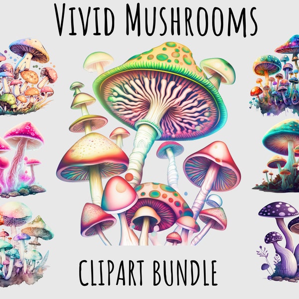 Watercolor Magic Mushrooms Clipart PNG bundle, Occult Funghi, Printable Digital Download, Mystical forest mushrooms