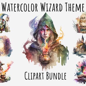 Clipart de sorcière aquarelle, articles de magicien, livres, Gnome, sorcière, baguette magique, hibou, château, chat, enveloppe, cristaux, balai, bibliothèque Téléchargement numérique
