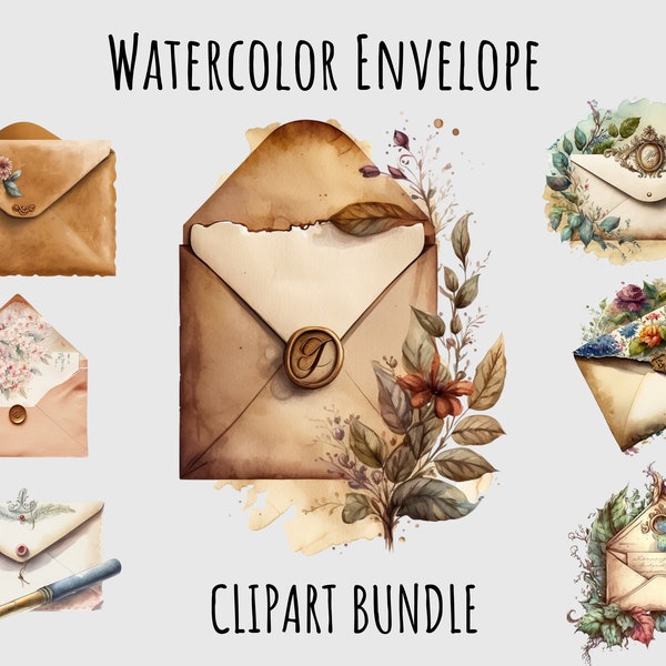 Watercolor Vintage Envelope Clipart PNG bundle, Happy mail, Retro Envelope png Scrapbooks, Junk Journal png, Printable digital download