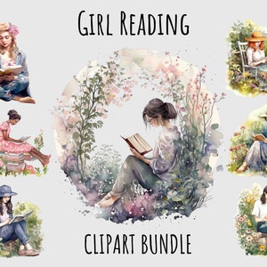 Watercolor Girl Reading Clipart PNG, Artist open book clipart, Writer printable bookish digital download, sublimation girl Bookworm clipart