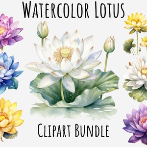 Fascio di Clipart del fiore di loto dell'acquerello, immagini png di fiori trasparenti stampabili, sublimazione, creazione di carte, inviti, download di Cricut
