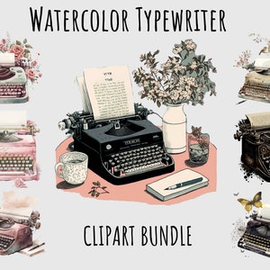 Watercolor Typewriter clipart PNG, Vintage writer floral clipart, retro pink antique typewriter Writer png bundle Digital Download Printable
