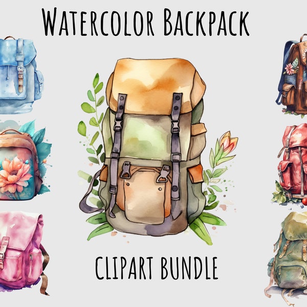 Aquarelle Outdoor Backpack clipart bundle PNG Clipart bundle Sac à dos png pour autocollants, Sublimation, Fabrication d’autocollants, Téléchargement imprimable