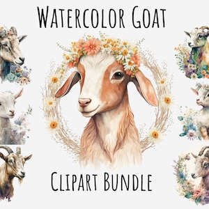 水彩ヤギのクリップアート、子ヤギのpng、農家の動物、野生動物、子羊、ヤギの頭、ヤギの角、花柄の印刷可能なデジタルダウンロード