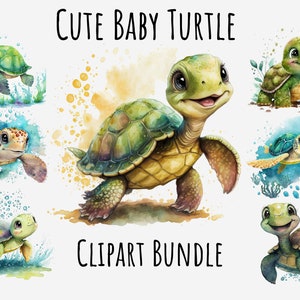 Watercolor Cute Baby Turtle Clipart, Baby Animal clipart, Cute sea animal png bundle, smiling animal, turtle png printable digital download