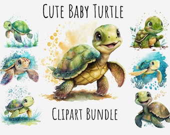 Watercolor Cute Baby Turtle Clipart, Baby Animal clipart, Cute sea animal png bundle, smiling animal, turtle png printable digital download