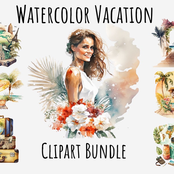 Watercolor Vacation Clipart, Holiday images, Camera, Backpack, Luggage, Beach, tropical, Palms, Water, Summer Png Instant Digital Download