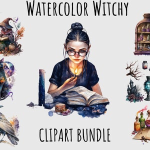 Watercolor Witchy clipart, Witchcraft png bundle, Raven, Potion, Witch cat, witch hat, witch cauldron, bookshelf, Halloween clipart print